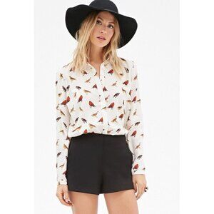 Forever 21 Womens Blouse Button Up Top Shirt Size L Cream All Over Bird Print